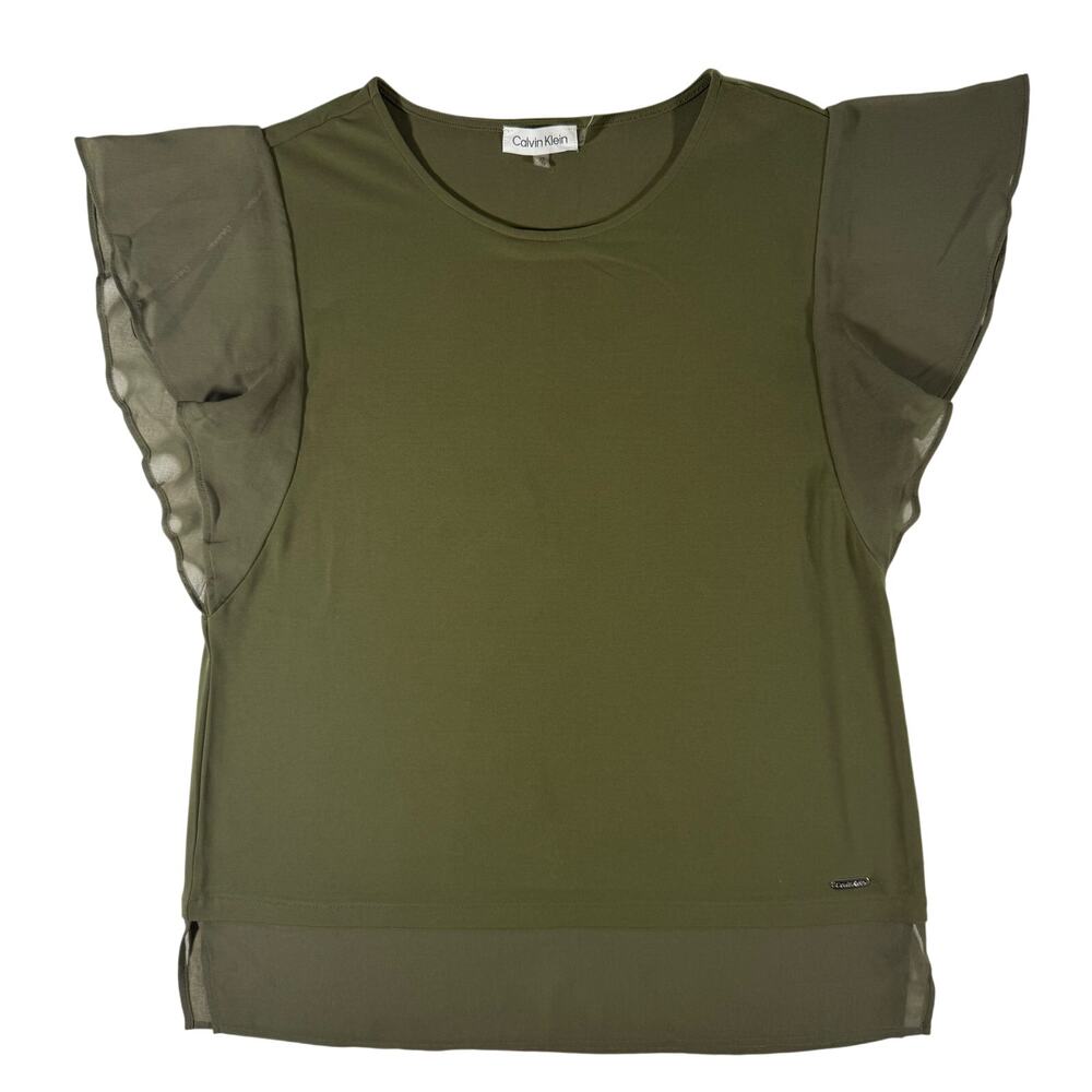 Calvin Klein Women's XS Olive Green Sheer Flutter Sleeve Blouse
